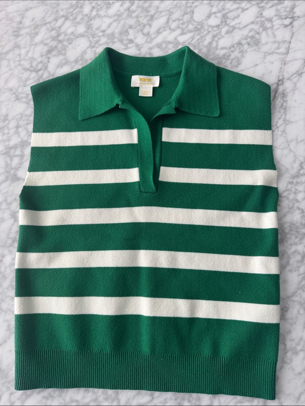 Maeve Green and White Striped Sleeveless Polo Sweater